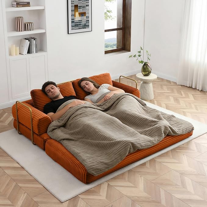 80 Inch Convertible Sleeper Sofa Bed with High Backrest Plush Corduroy Boneless Folding Floor Mattress Couch Bed with Fixed-Shape Frame Futon Loveseat No Assembly Required Orange