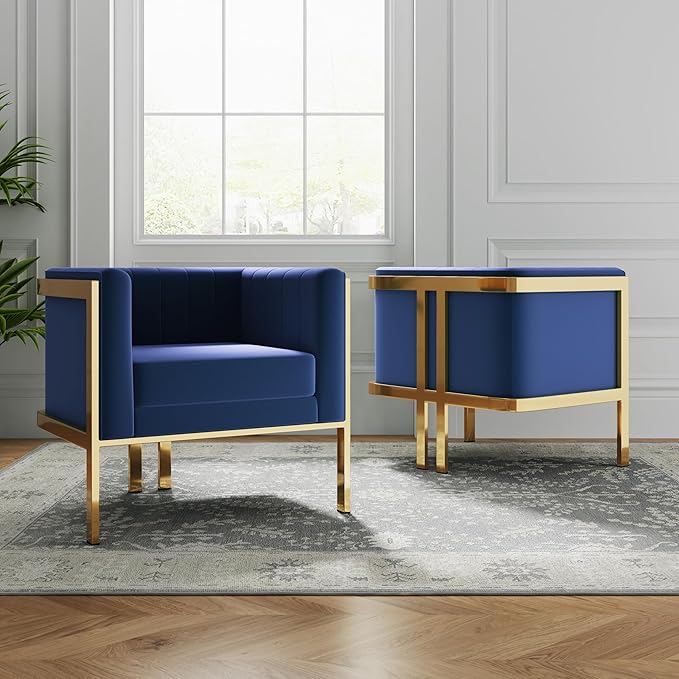 Manhattan Comfort Paramount Velvet Accent Armchair Set of 1 Polished Brass Frame with Geometric Legs Art Deco Chair 1920s Glamour Fully Assembled Living Room Lounge Seat Royal Blue
