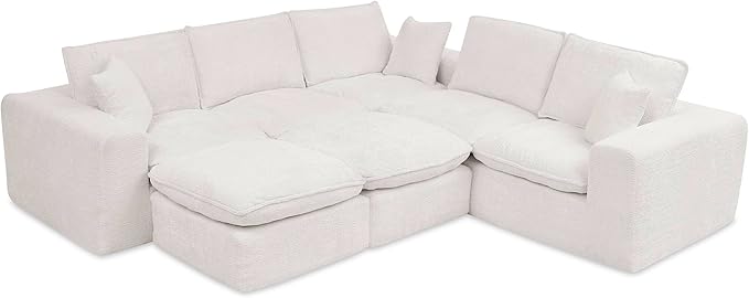 L-Shaped Boneless Modular Sectional Cloud Couches 7 Seat Modular Boucle Floor Foam Boneless Sofa Couch with Ottomans Headrest Pillows and Removable Cushions