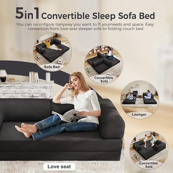 78.8 Convertible Sofa BedCorduroy Futon Couch Folding Pull Out Futon SofaNo Assembly Boneless Couch for Living Room