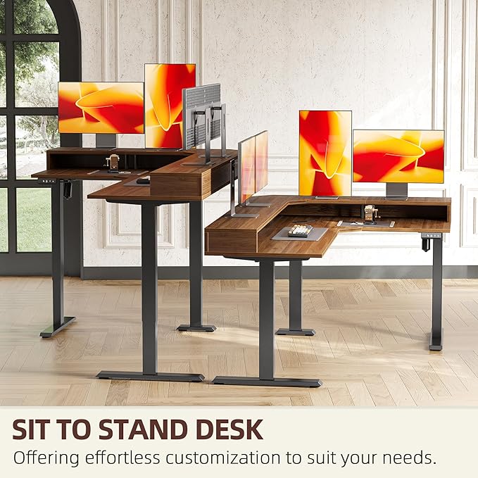TIQLAB 63'' L-Shaped Standing Desk with LED Light Strip and Power Outlet Height Adjustable Corner Table with Ergonomic Monitor Stand Black Walnut