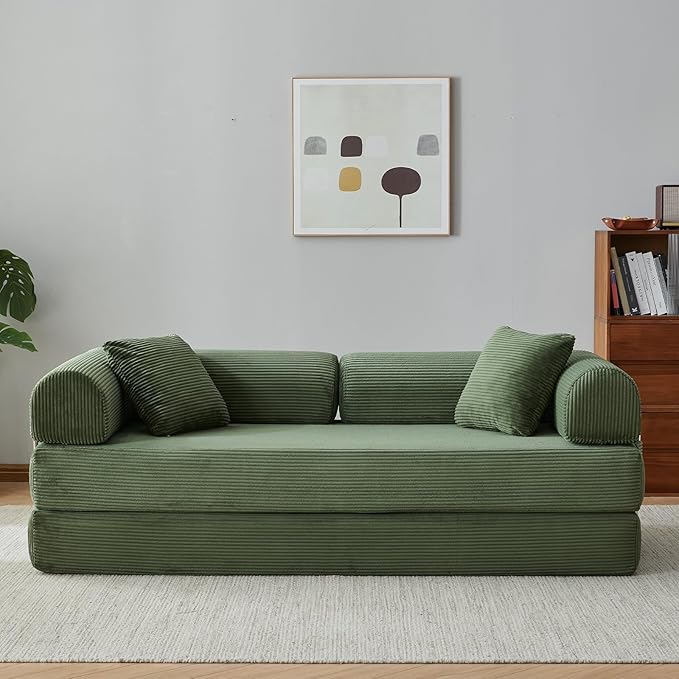 Antetek Modular Couch Bed Convertible Folding Plush Corduroy Comfy Floor Compression Loveseat Sleeper Sofa Couch King Size Bed for Guest Room Living Room Bedroom No Assembly Required Leaf Green