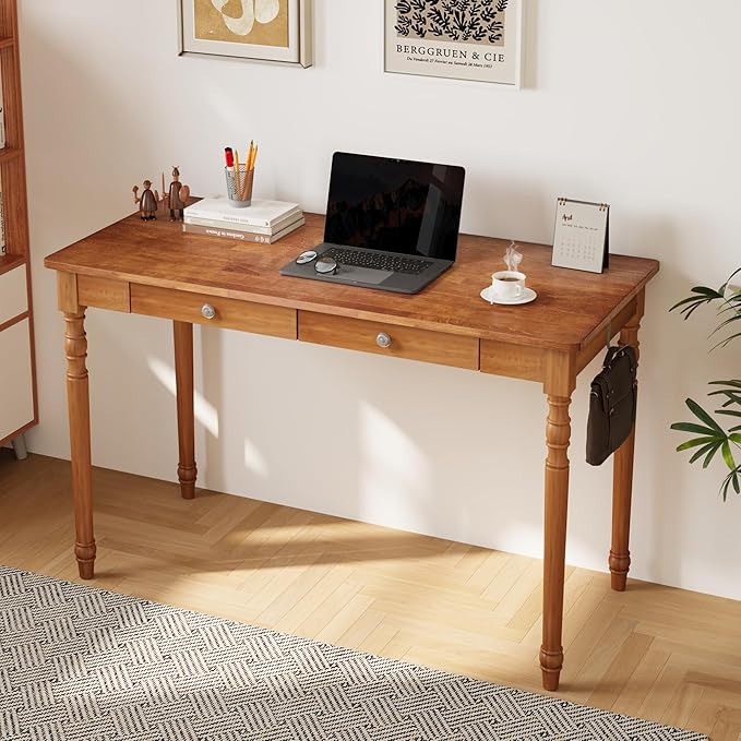 Solid Wood Desk with Drawers - 48 Inch Writing Desk with Drawers Mid Century Modern Desk with 2 Hooks Rubber Wood Study Table for Bedroom Living Room &amp Office Walnut Color