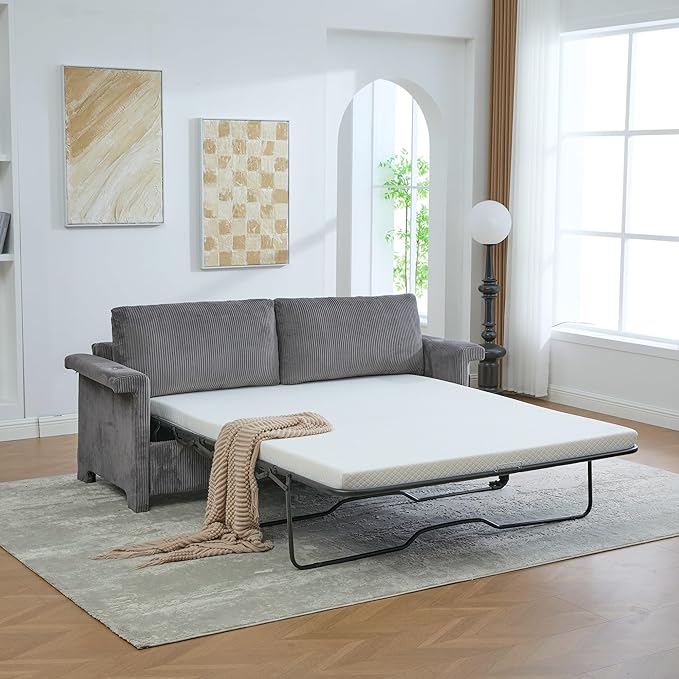 Full Size Sleeper Sofa Bed Pull Out Couch with Queen Size Memory Foam Mattress 2-in-1 Convertible Corduroy Loveseat Sleeper for Small Apartment USB Charging (Gray)
