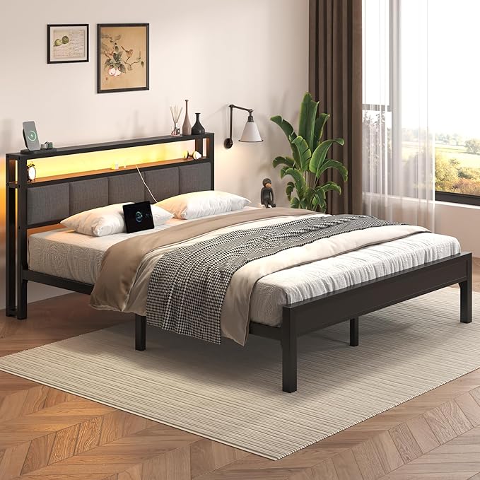 Full Size Bed Frame with LED Lights and Charging Station Wood Storage Headboard with 2-Tier Shelves Heavy Duty Metal Slats No Box Spring Need Noise Free Easy Assembly Light Grey