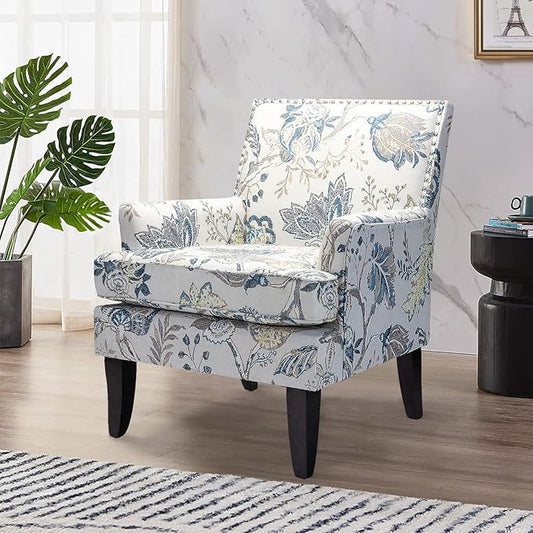 HULALA HOME Modern Accent Chair with Arms and Wooden Legs Mid Century Accent Chair Armchair High Back Rest Padded Armrest and Comfortable Cushioned Seat for Living Room (Blue Yellow Floral)
