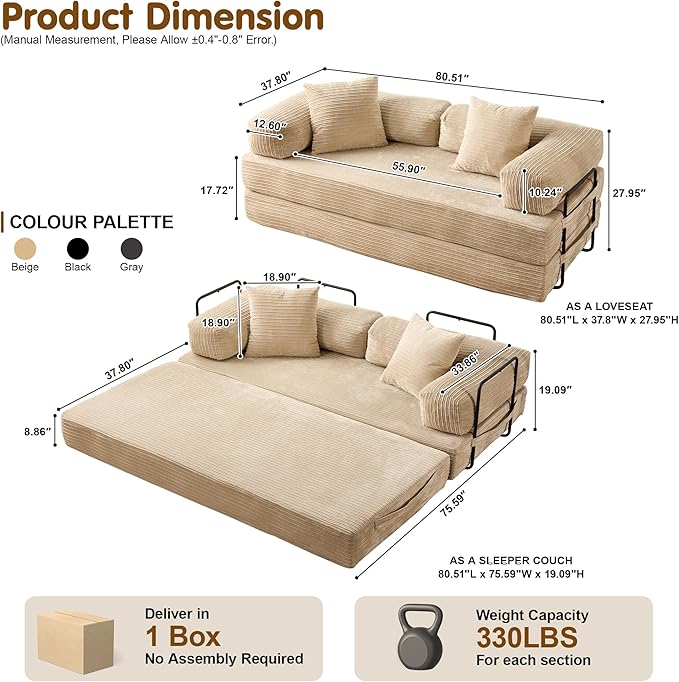 81″ Convertible Sleeper Sofa Bed with Pillows Corduroy Foldable Mattress Couch with Fixed-Shape Frame Futon Sofa Bed Boneless Couch for Living Room Bedroom Lounge Studio Beige