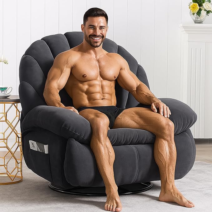 Swivel Rocker Recliner Chair – Shell Shape Manual Big Tall Single 360° Swivel Reclining Sofa with Storage Pockets | Small Space-Friendly for Living Room/Bedroom (NO Massage &amp Heat Gray)