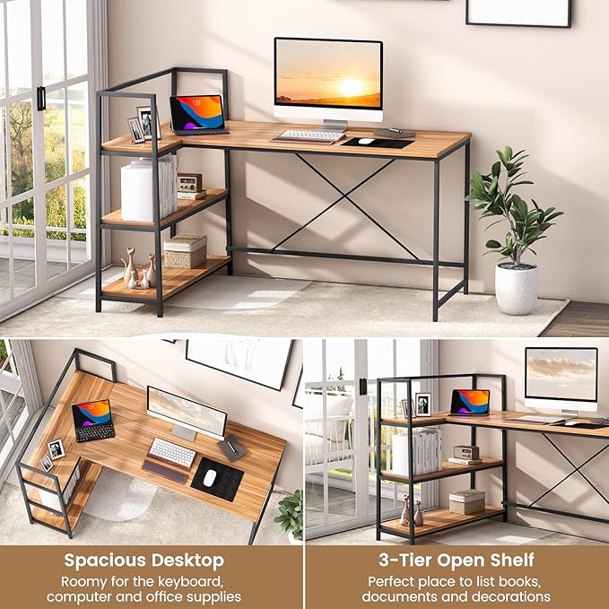 Tangkula Reversible L-Shaped Computer Desk Space Saving Corner Desk with 3-Tier Storage Shelves &amp Metal Frame Modern Executive Home Office Desk PC Laptop Desk Workstation for Small Space (Walnu
