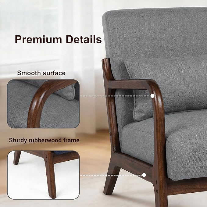 Mid Century Accent Chair Comfy Arm Chair with Solid Wood Frame Upholstered Modern Chair for Living Room Bedroom Waiting Room Dark Grey