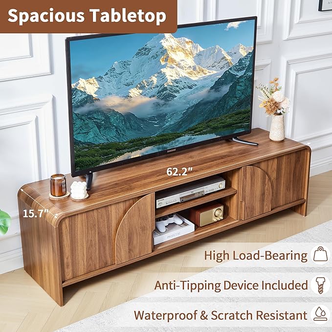 BERRYMERRY 63'' TV Stand for Up to 75 TVsMCM TV Console Table with Big Arched HandleTelevision Stands Entertainment Media Center with Sliding Door for Living Room Bedroom (Walnut)