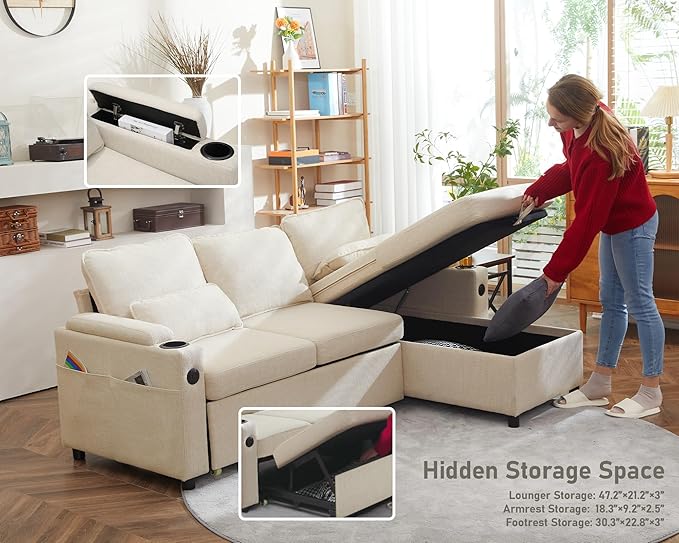 DURASPACE Sofa Bed Sleeper Pull Out 2 in 1 Sectional Sleeper Sofa Couches with StorageUSB Cup HolderPullout Sectional Couches for Apartment Living Room (Beige)