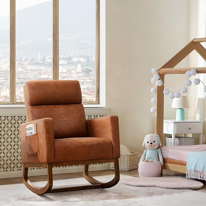 Yaheetech Leather Living Room Chair Rocking Accent Chair Modern Nursery Glider Chair with High Back and Side Pocket Accent Rocker Armchair with Wood Legs for Living Room Bedroom Study Brown