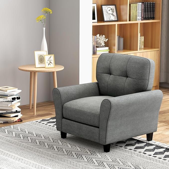Giantex Modern Mid-Century Accent Chair - Linen Living Room Chair with Tufted Back 7 Thick Cushion Max Load 400 lbs Upholstered Armchair with Non-Slip Foot Pads Club Chair for Bedroom Grey