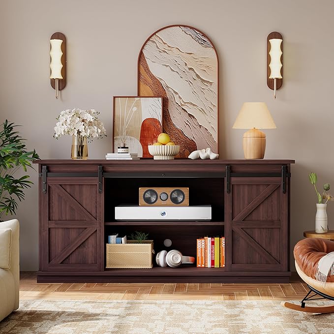 YESHOMY Farmhouse TV Stand for Televisions up to 65 Inch Wood Entertainment Center with Sliding Barn Doors and 4 Storage Drawers 58’’ Media Console Cabinet with Shelves for Living Room Espresso