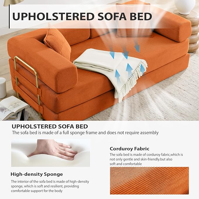 4-in-1 Folding Convertible Sofa Bed 78 Inch Boneless Couch with Fixed-Shape Frame Corduroy Loveseat Sleeper with Pull Out Bed Floor Sofa Modular Futon Couch for Living Room Bedroom Lounge (Orange)