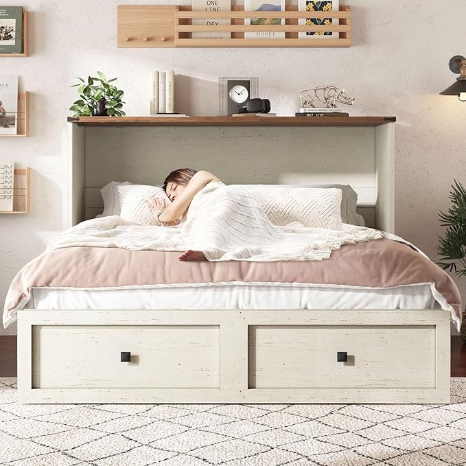 AMERLIFE Queen Murphy Bed with Storage &amp Charging Station Farmhouse Murphy Cabinet with Foldable Panel Noisy Free for Guest Bedroom Living Room Office Distressed White