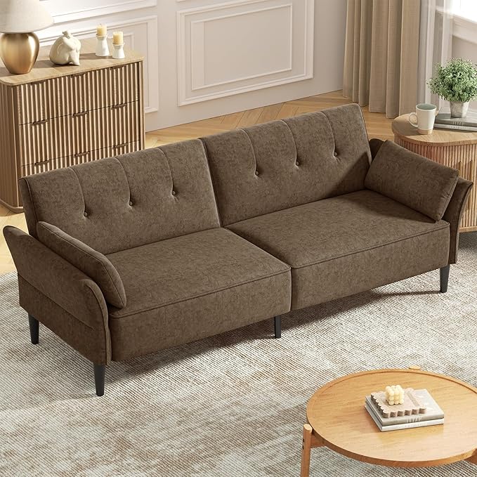 89” Futon Sofa Bed Comfy Futon Couch Bed with 2 Square Pillows Convertible Sleeper Sofa with Adjustable Backrest&amp Armrests Modern Loveseat Sleeper for Living RoomVelvet Fabric Brown