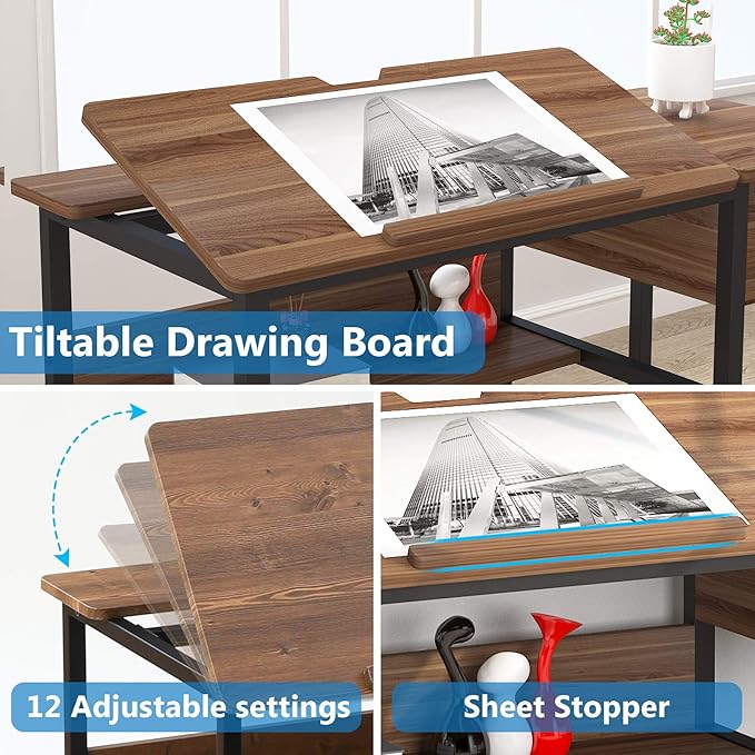 Tribesigns Drafting Table with Storage Drawers Drawing Computer Desk Artist Craft Table Painting Desk Workstation with Shelves and Tiltable Tabletop for Students Home Office