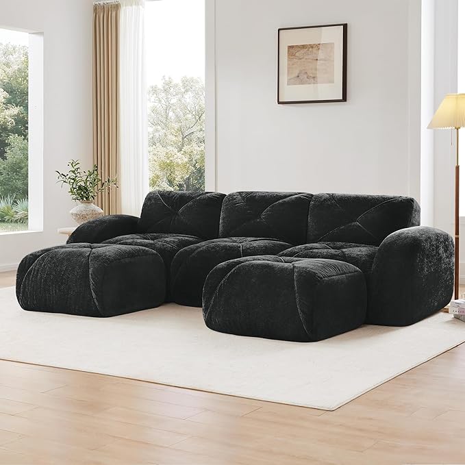 110-Inch Cloud Sectional Couches U-Shaped 5 Seat Boneless Modular Sofa with Ottomans Velvet Tufted Upholstered Boneless Couch Floor Full Foam Sofas for Living Room