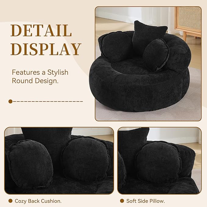 Round Oversized Chair Floor Sofa Chair Chenille Compressed Circle Chaise Lounge No Assembly Boneless Barrel Chair Lazy Bean Bag Couch Accent Chair for Living Room Bedroom DormBlack