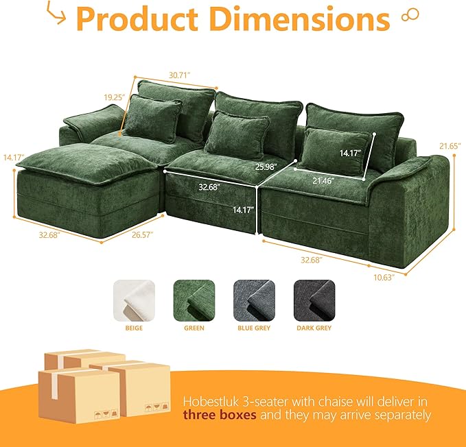 Hobestluk 120 Cloud Modular Sectional Couch 3-Seater Sofa with Ottoman L Shaped Sofa with Removable Cover Large Sofa Couch for Living Room (Green 3-Seater Sofa with One Ottoman)