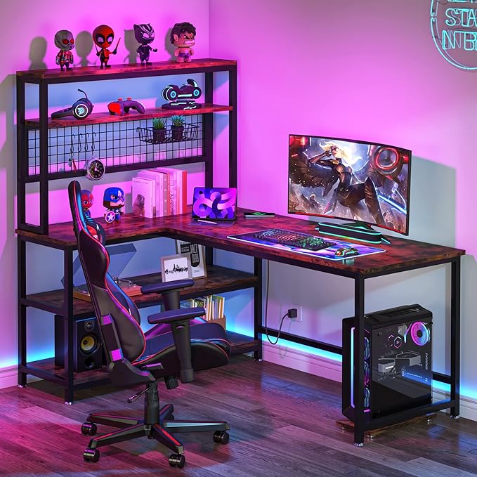 Tribesigns 55 L-Shape Computer Desk with Hutch and Wireless Charging Office Desk Study Table Writing Desk Workstation with 5 Shelves and Movable CPU Stand for Home Office (Brown)