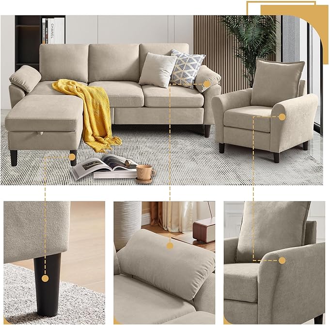 2 Piece Sectional Sofa Set for Living Room 79 Modern Linen Convertible L Shaped Couch with Movable Ottoman and Accent Chair Sectional Couches Beige