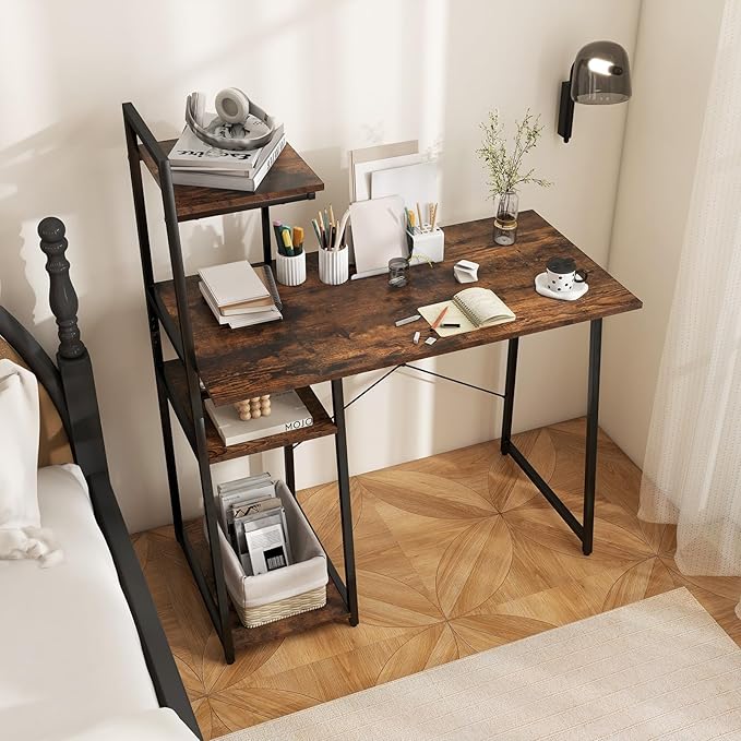 Tangkula Computer Desk with Shelves Space Saving Home Office Desk with 3-Tier Ladder Shaped Storage Bookshelf Modern Writing Study Desk with Metal Frame Compact Computer Workstation (Rustic Brown)