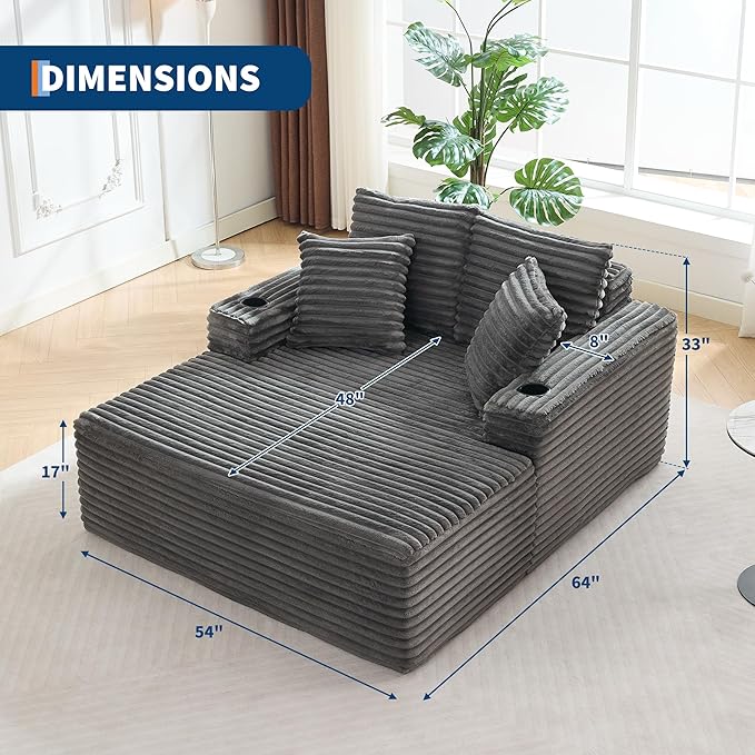 IDEALHOUSE 64 Oversized Chaise Lounge Chair Indoor Upholstered Boneless Sofa Bed with Throw Pillows Cup Holders and Armrests Comfy Corduroy Sleeper Couch for Living Room Bedroom Office (Grey)