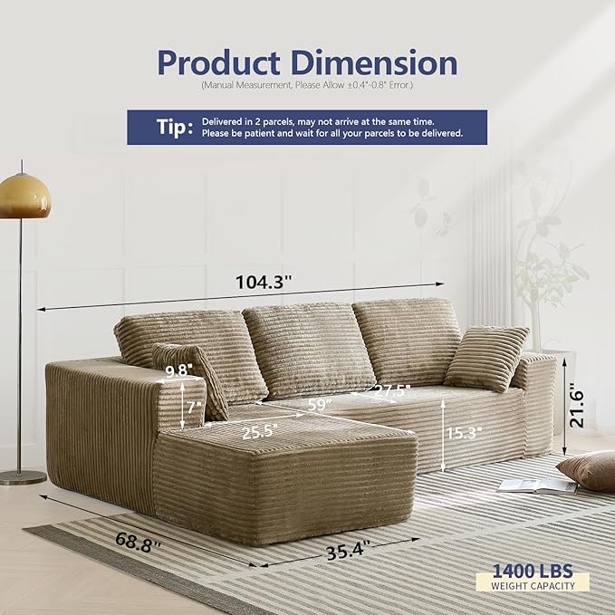 L-Shape Couch Modular Sectional Sofa Couches 3 Seat Modular Sofa Memory Foam Sectional Couches for Living Room Cloud Couch with Oversized Chaise (Camel Left Facing Chaise)