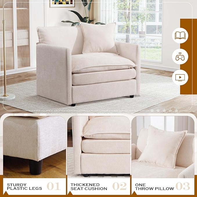 Oversized Chaise Lounge Chair Indoor Modern Comfy Chenille Cloud Accent Chair and A Half with Ottoman Single Deep Seat Sofa Couch Reading Armchair for Living Room Bedroom Apartment Beige
