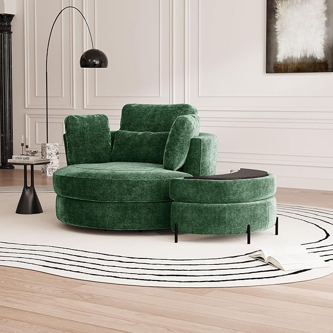 Aoiy &amp Wifon 50'' W Oversized Swivel Barrel Chair with Storage Ottoman Green Round Accent Chair with Half Moon Ottoman for Living Room Deep Seat &amp Extra Wide Chenille
