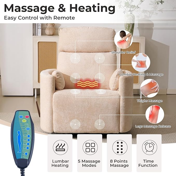 Oversized Swivel Rocker Recliner Chair with Massage and Heat Manual Swivel Glider Rocker Recliner with 2 Bolster Pillows Rocking Nursery Chair with Storage Ottoman  Adjustable Headrest Beige