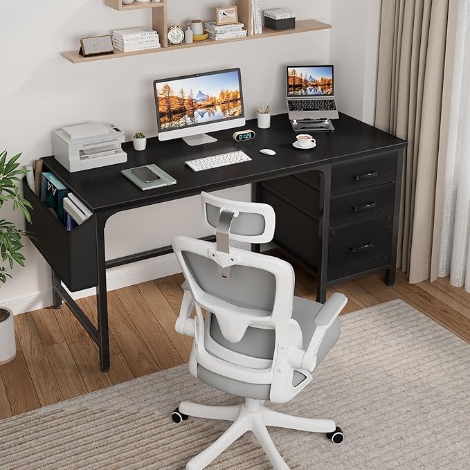 Lufeiya Computer Desk with Fabric File Drawers Cabinet 55 Inch Reversible Home Office Desks with Filing Cabinet Study Writing Table PC Desks with Storage for Bedroom Black