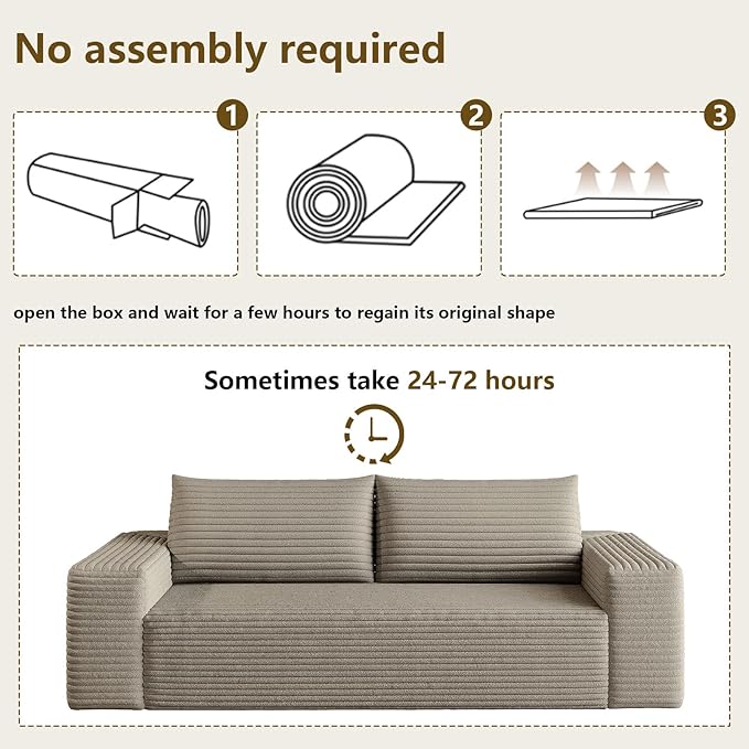 63 Boneless Loveseat Sofa - Cloud Couch with Memory Foam Comfy Deep Seat - Corduroy Floor Sofa No Assembly Required - Small Space Friendly for Living Room Bedroom Apartment Camel