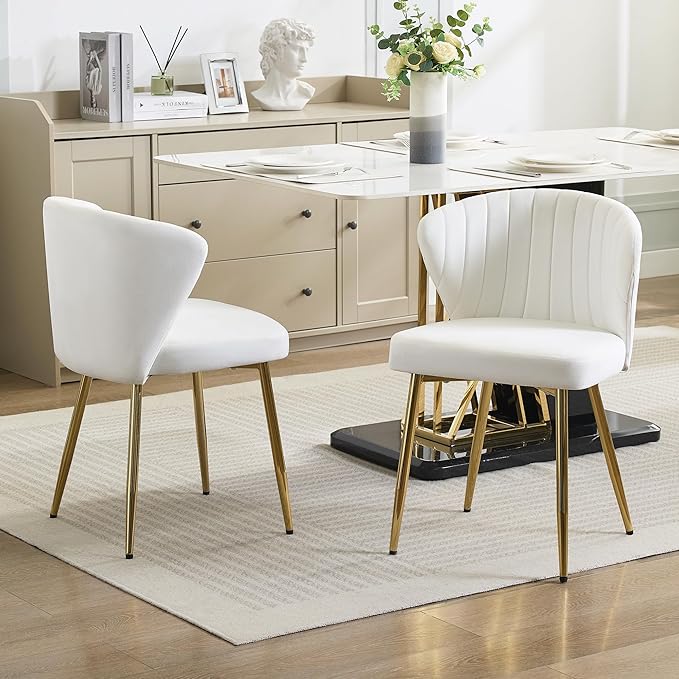 Velvet Vanity Chair Set of 2 Modern Makeup Chair with Back Golden Legs Small Cute Accent Chair for Vanity Living Room Bedroom White