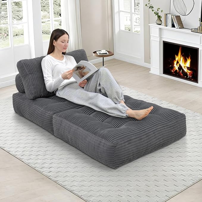 Folding Sofa Bed Convertible Sleeper Chair with Pillow &amp Handle Foldable Mattress Futon Chair Bed Lounge with Back Support Comfy Floor Sofa for Living Room Bedroom Grey Single