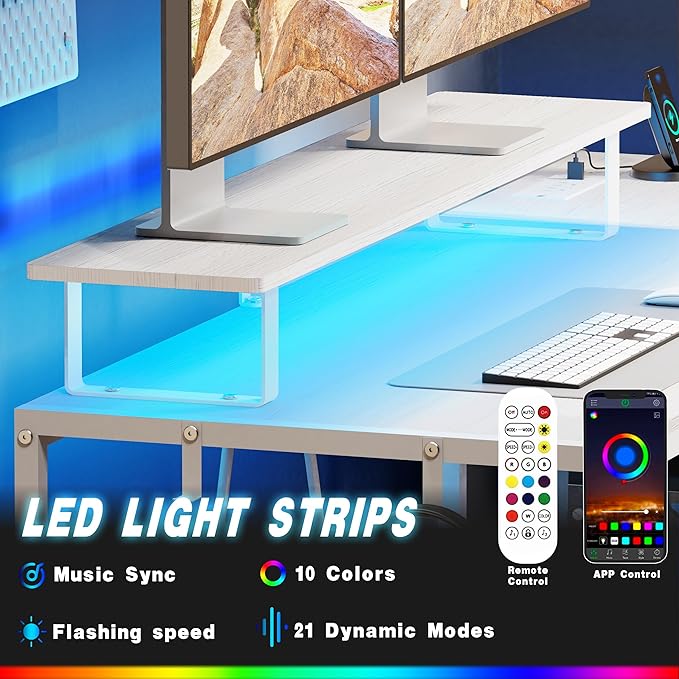 Lkeiyay White Gaming Desk with Led Lights &amp Power Outlet 48 inch Computer Desk with Wooden Drawers Monitor Stand &amp Headphone HookHome Office Desk
