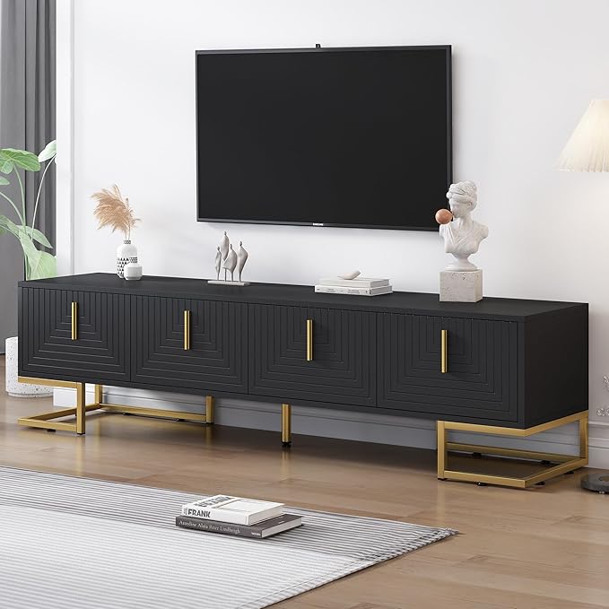 Merax Modern TV Stand with Metal Legs Gold Handles Geometric Lines and Adjustable Shelves for TVs Up to 80'' Media Console Table Luxury Storage Cabinets for Living Room Black
