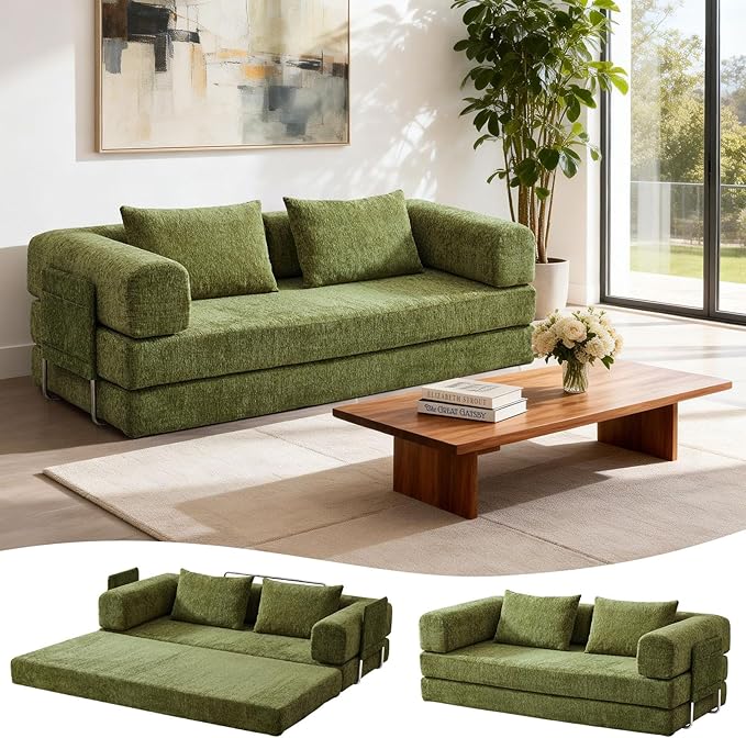 81 Convertible Sofa Bed with Storage Pockets 5-in-1 High Density Foam Boneless Couch Corduroy Folding Futon Sleeper Sofa for Living Room Bedroom Apartment No Assembly Required Green