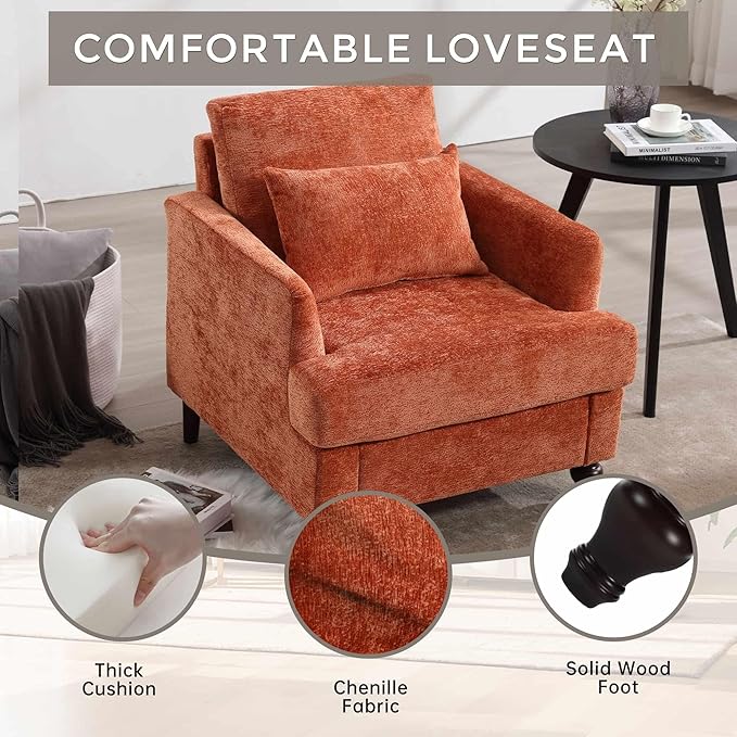 Wood Frame Armchair Modern Accent Chair Lounge Chair for Living RoomTufted Club Chair Mid Century Modern Arm Chairs with Studded Solid Wood Frame for Bedroom Reading (Orange Chenille)