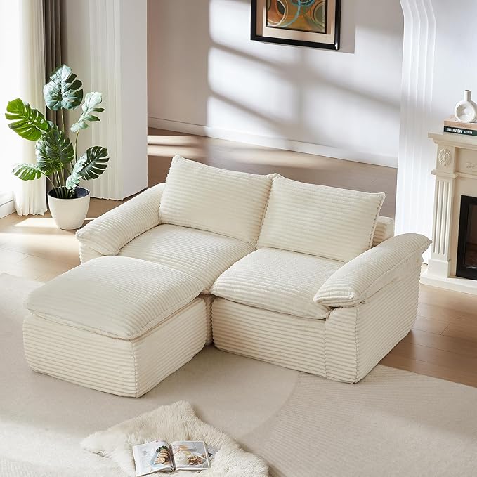 80 Cloud Sectional Couch with L-Shaped Chaise Corduroy Sectional Sofa with Ottoman Boneless Couch with Deep Seat in a Box for Living Room No Assembly Required (White)