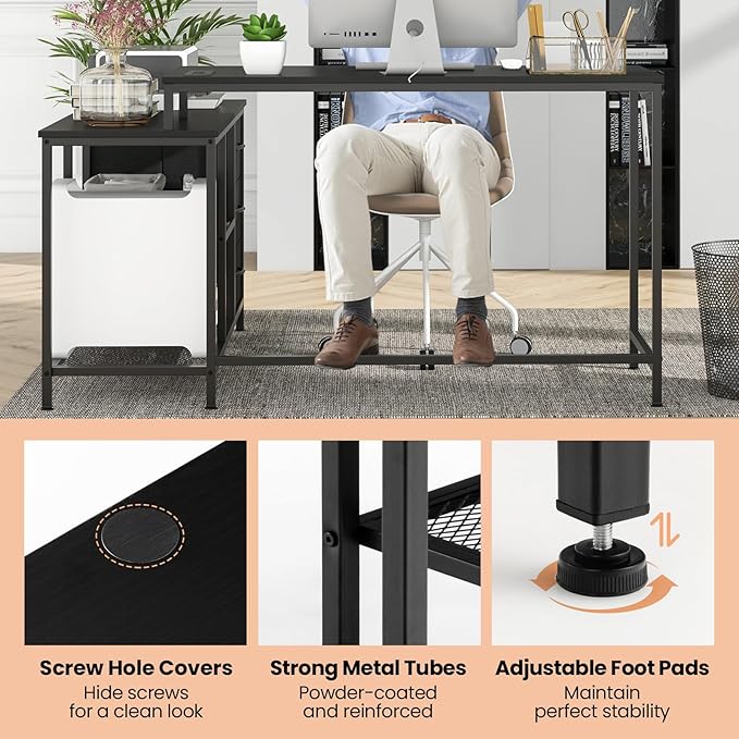 Giantex L Shaped Computer Desk with Drawers 81 Convertible Corner Desk with Charging Station and Storage Shelves Study Writing Desk Modern Long Corner Gaming Table for Home Office (Black)