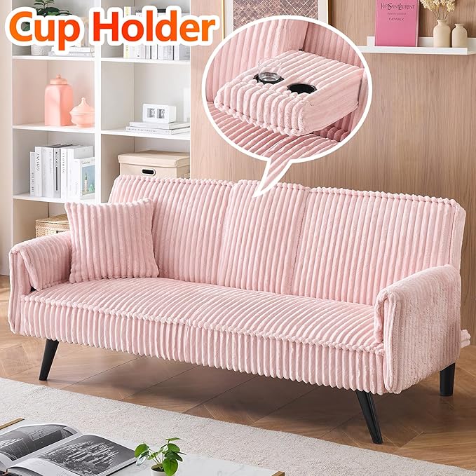 72” Corduroy Futon Sofa Bed with Pillows Modern Convertible Futon Couch with 2 Cup Holders&amp Metal Legs for Small Spaces Living Room Solid Wood Frame (Pink)