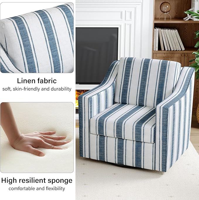 Swivel Accent Chair Modern Round Barrel Arm Chair for Living Room Bedroom Comfy Club Reading Chairs for Adults (Stripe Navy Blue Set of 2)