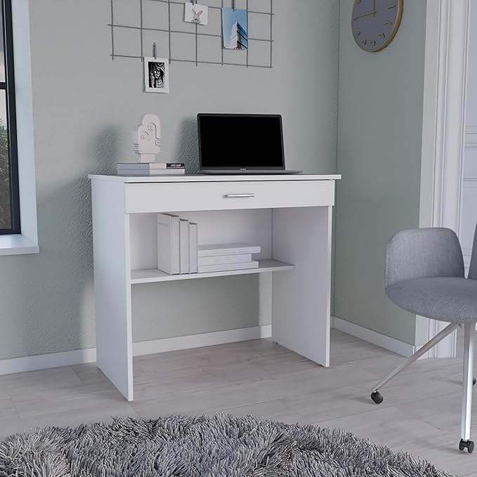 LIFE SKY White Writing Desk with Drawer: Modern Compact Design for Small Apartments - Wooden Study Table with Storage Shelf for Home Office &amp Creative Workspace