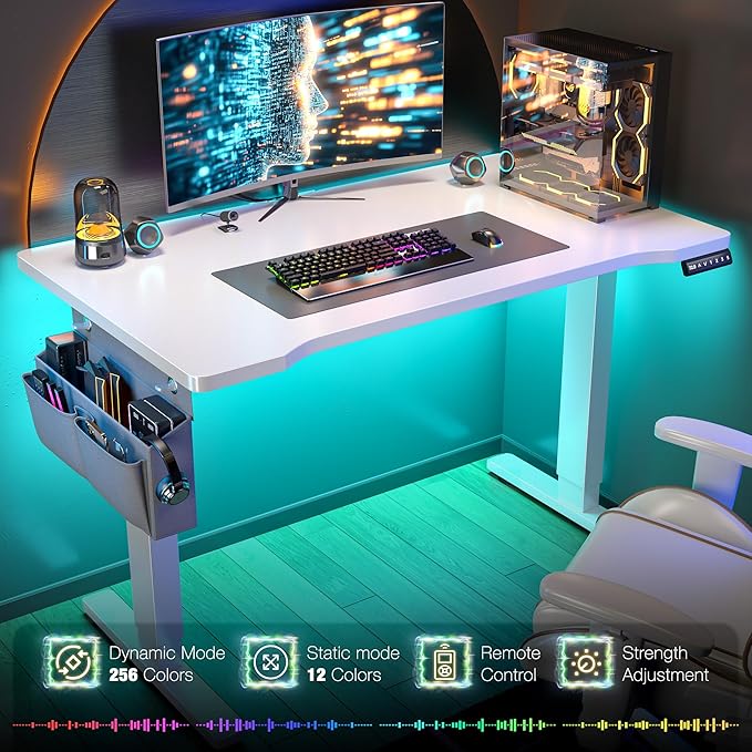 EnHomee Standing Desk with RGB LightsAdjustable Gaming Desk 48 x 24 HeightComputer Desk with 3 Memory Presets &amp Ergonomic Curved TopSit Stand Office Desk with Storage Bag &amp HookWhite