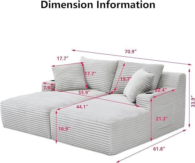 Setawix Corduroy Double Chaise Lounge Sofa Chair Indoor70.9 Modern Boneless Loveseat SleeperCompressed Cloud Lounger Couch BedDIY Modular Sectional Sofas with CupholdersNo Assembly