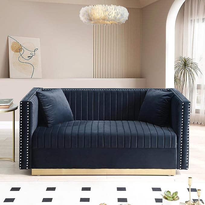 Modern Velvet Loveseat Sofa 61.4 Inch Vertical Channel Tufted Sofa Couch Luxury 2 Seater Couch with Gold Metal Legs for Living Room Bedroom Apartment Black